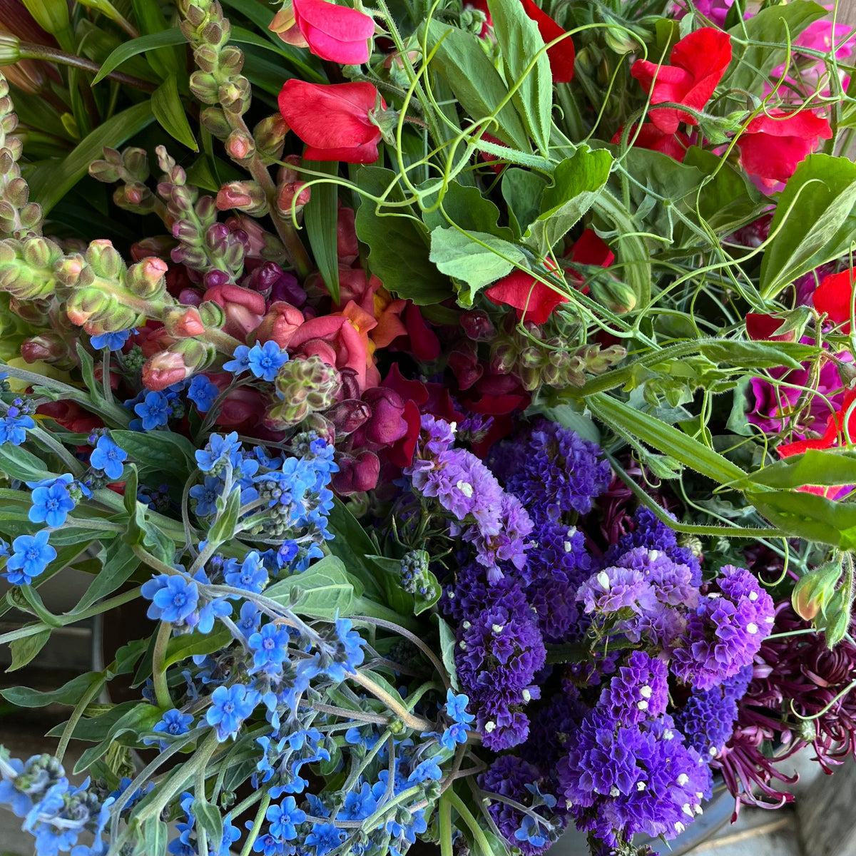 Bouquet of colorful flowers including red, purple, and blue.